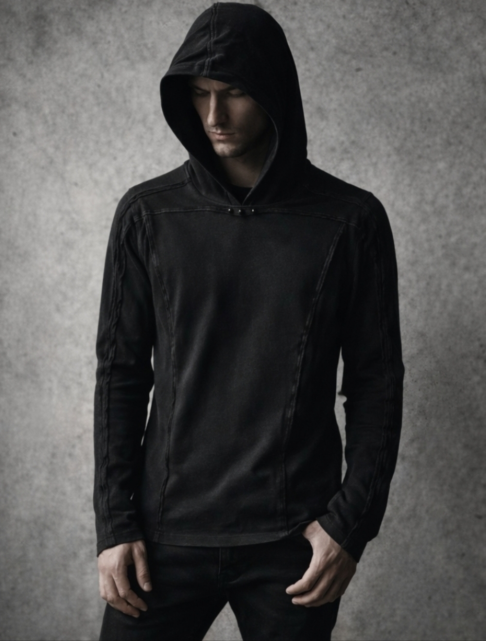 Punk Rave Black Hooded Top Slim Fit Industrial Goth Minimalist